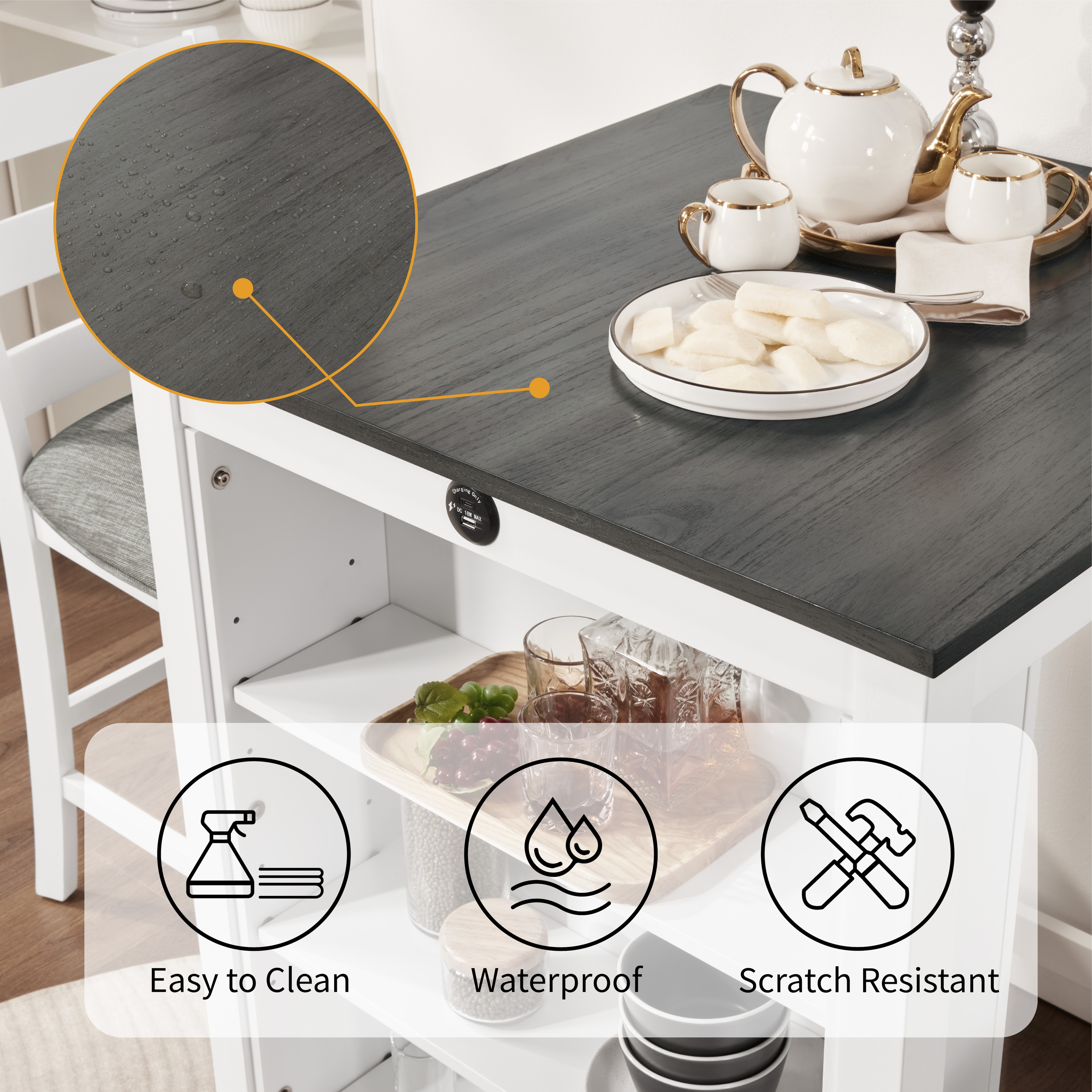 36" Modern Dining Table Set for 2 with Charging Station & 3-Tier Adjustable Storage | Space-Saving Kitchen Set with Upholstered Chairs for Small Spaces, Apartment,Off White